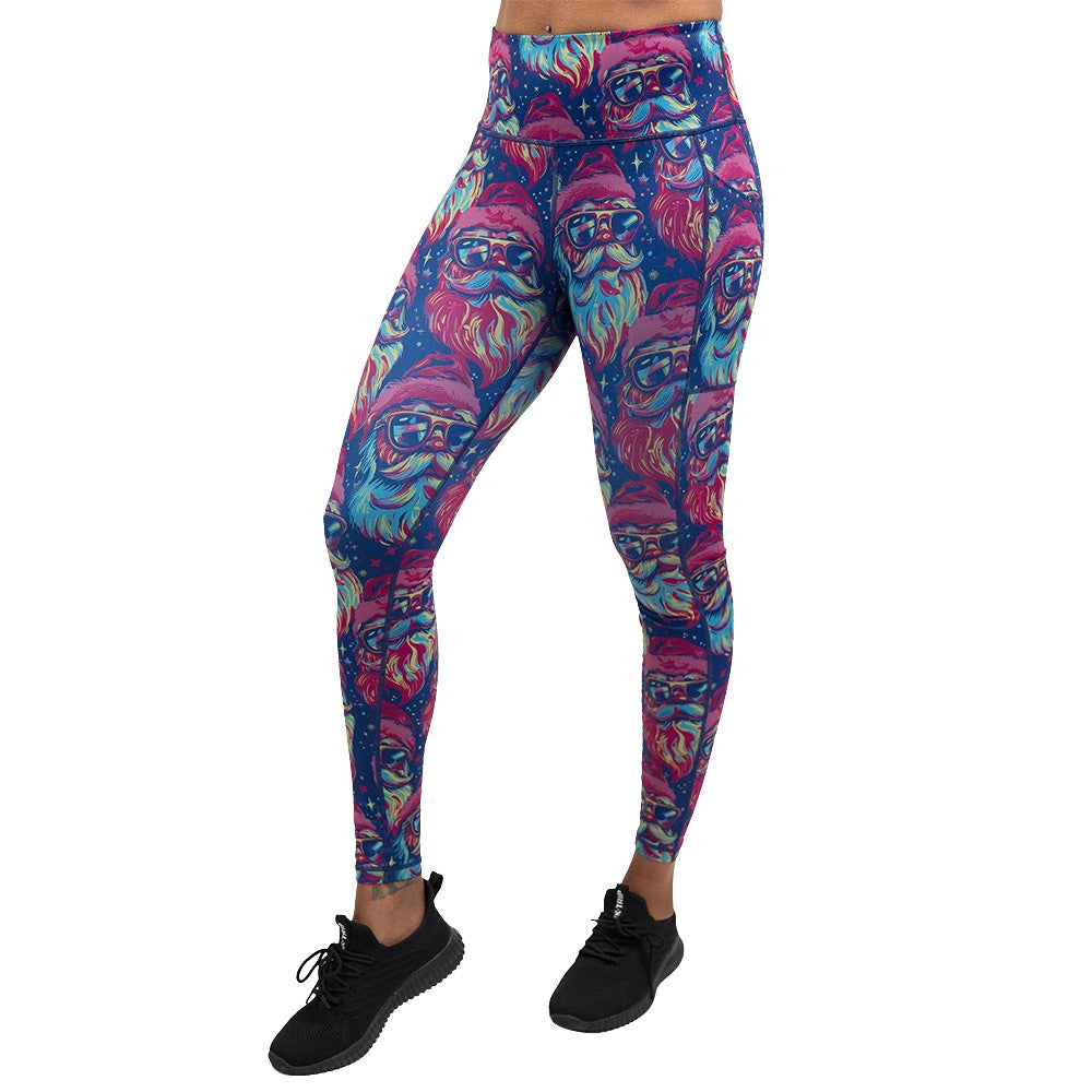 Colorful leggings with santa wearing sunglasses pattern