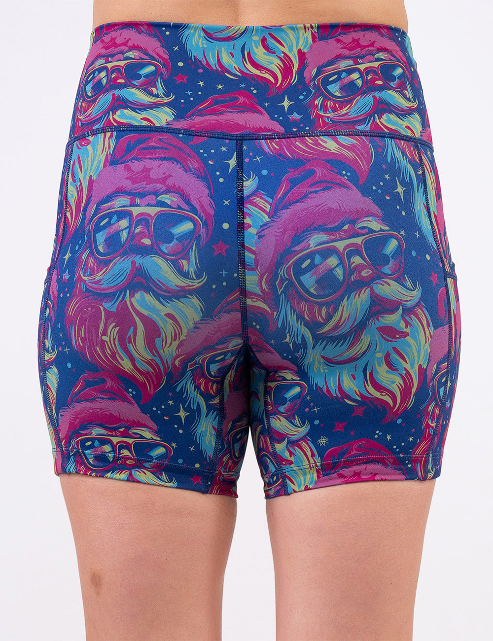 back of the colorful Santa-in-sunglasses 5 inch shorts against a white background