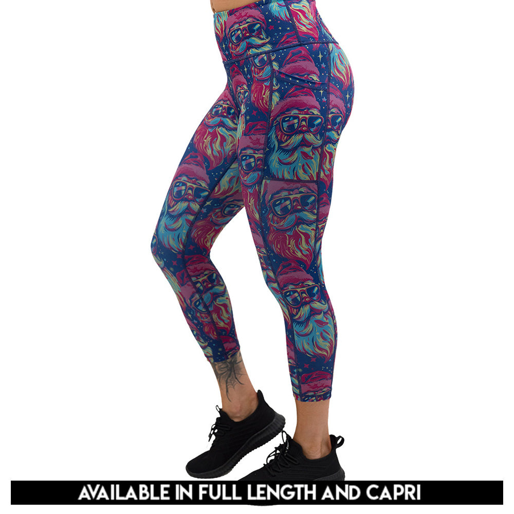 back of the Colorful leggings with santa wearing sunglasses pattern