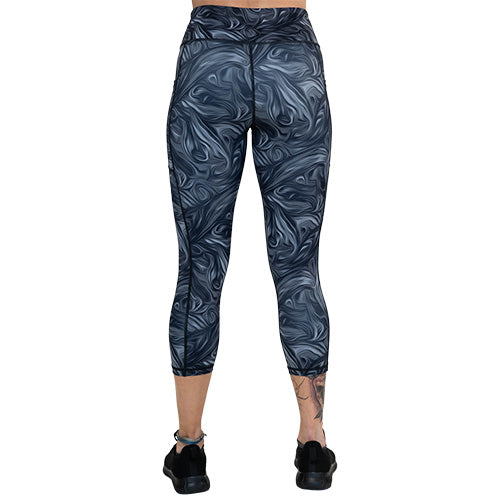 back view of capri length grey and black smoke patterned leggings
