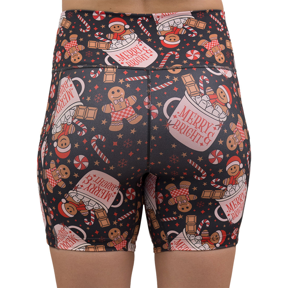 back of the Christmas-themed shorts with gingerbread men and candy canes