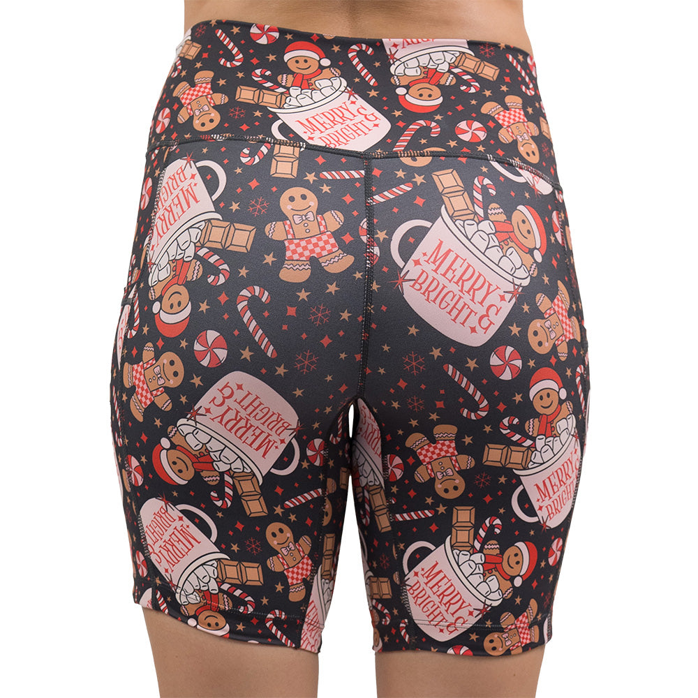 back of the Christmas-themed shorts with gingerbread men and candy canes