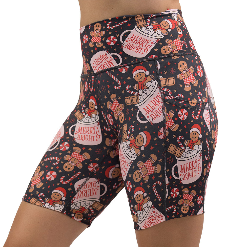 Christmas-themed shorts with gingerbread men and candy canes