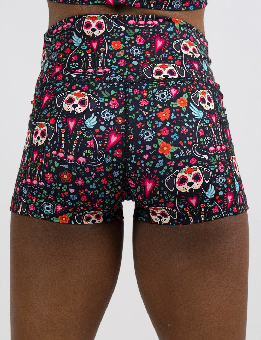 back of the 2.5 inch skeleton dogs surrounded by flowers shorts against a white background