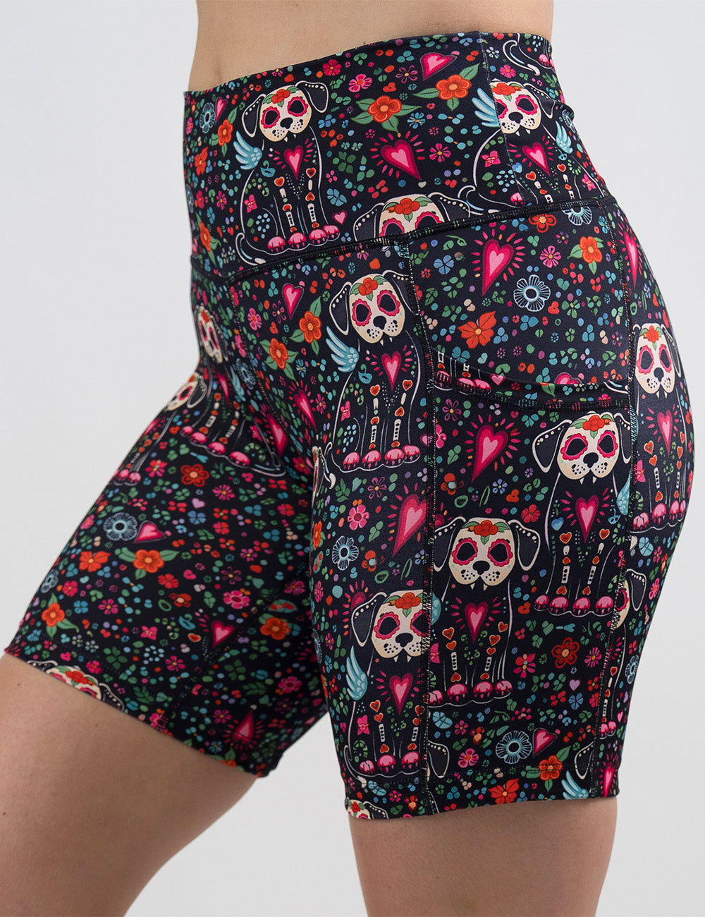 front of the skeleton dogs surrounded by flowers 7 inch shorts against a white background