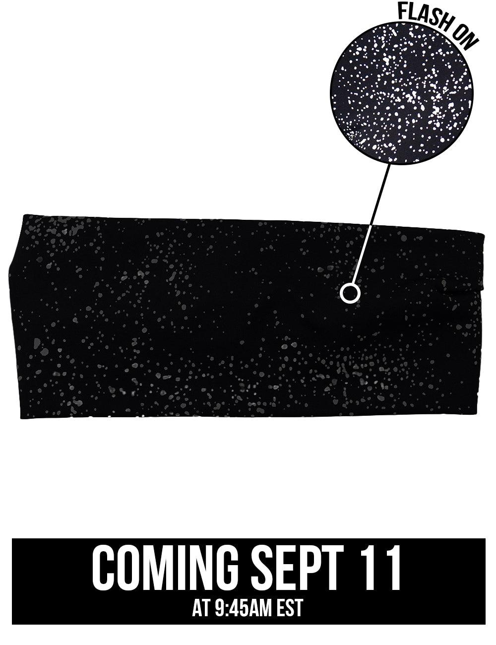 front of the black headband with grey reflective dots with a close up of the pattern with the flash on, coming September 11th