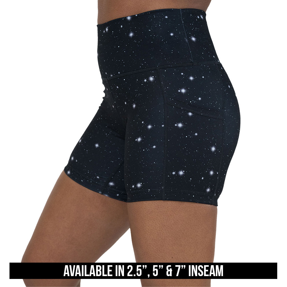 black shorts with a white star pattern on it available in 2.5, 5 & 7 inch inseams