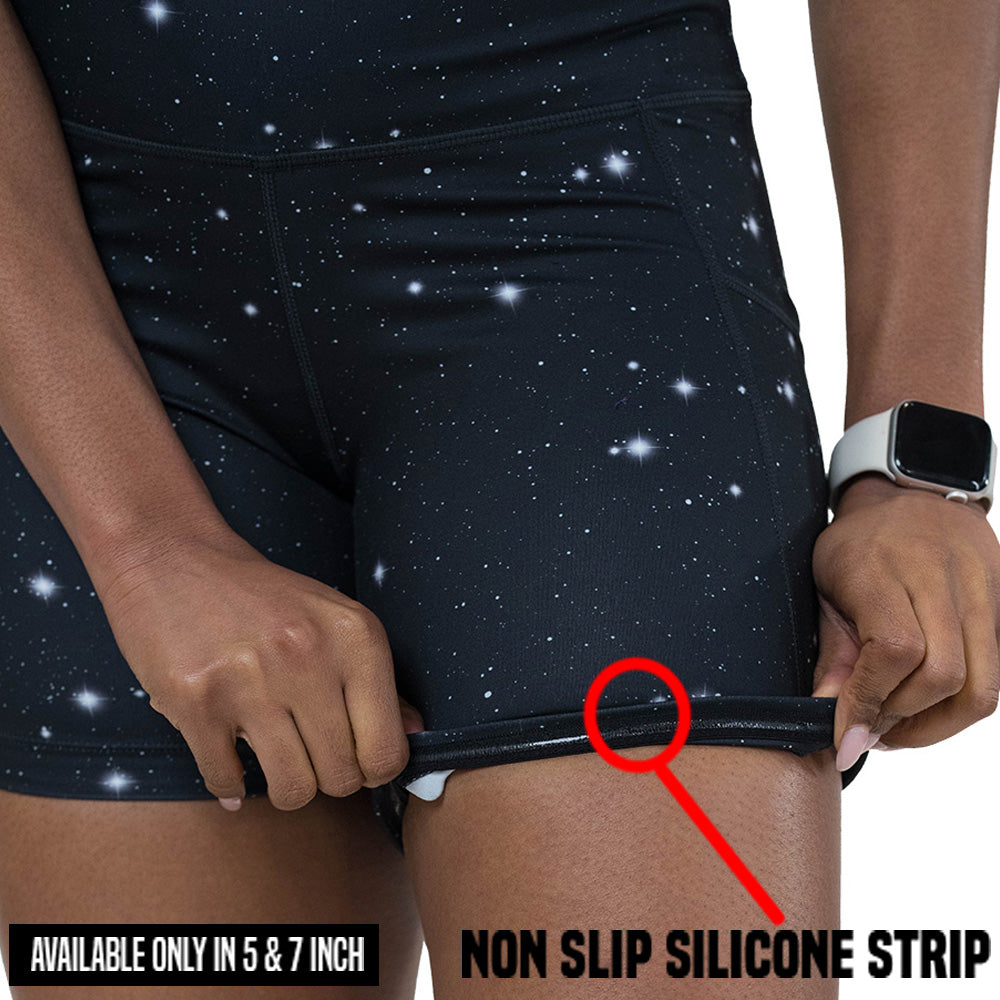 non slip strip on the black shorts with a white star pattern on it