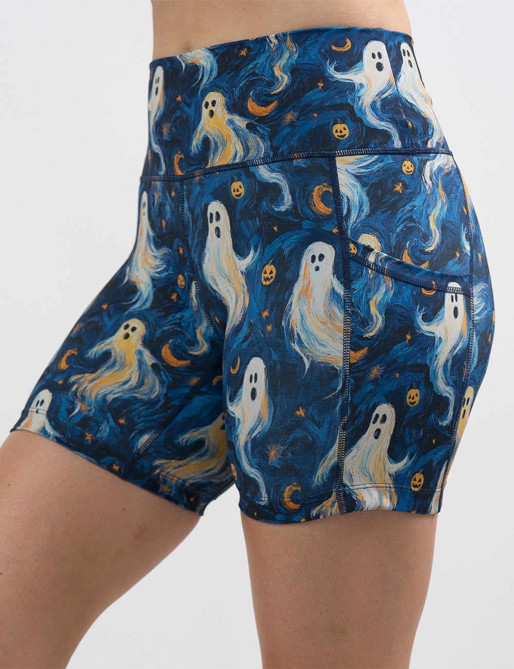 front of the 5 inch starry night ghosts against a blue background pattern shorts against a white background