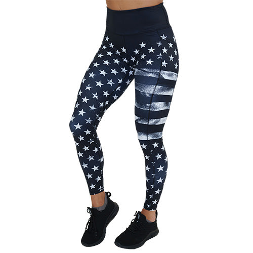 full length black leggings with white American flag design on it