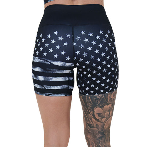 back of the 5 inch black shorts with white American flag design on it