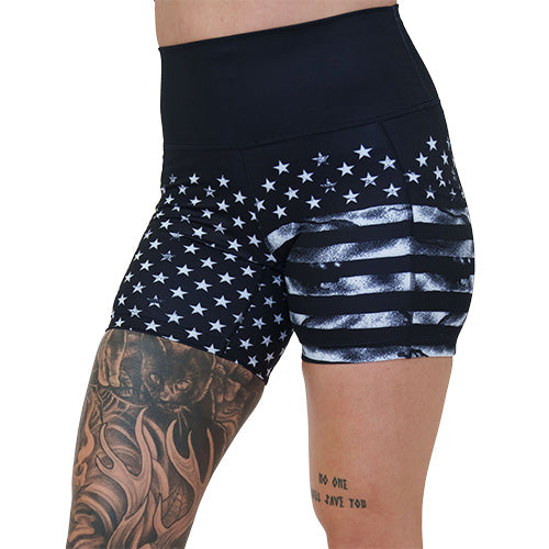 5 inch black shorts with white American flag design on it
