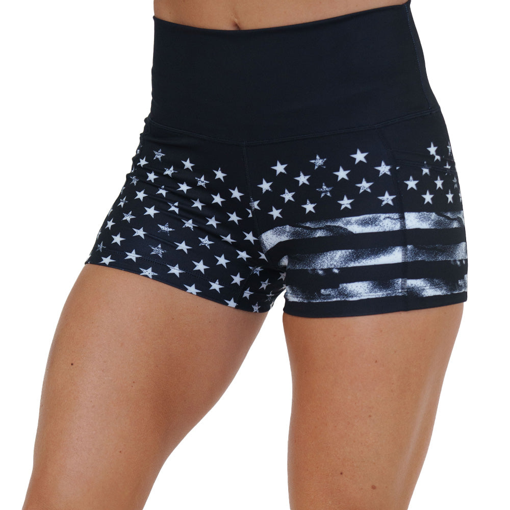 2.5 inch black shorts with white American flag design on it