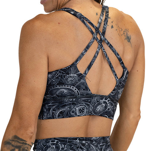 back of steampunk inspired print sports bra