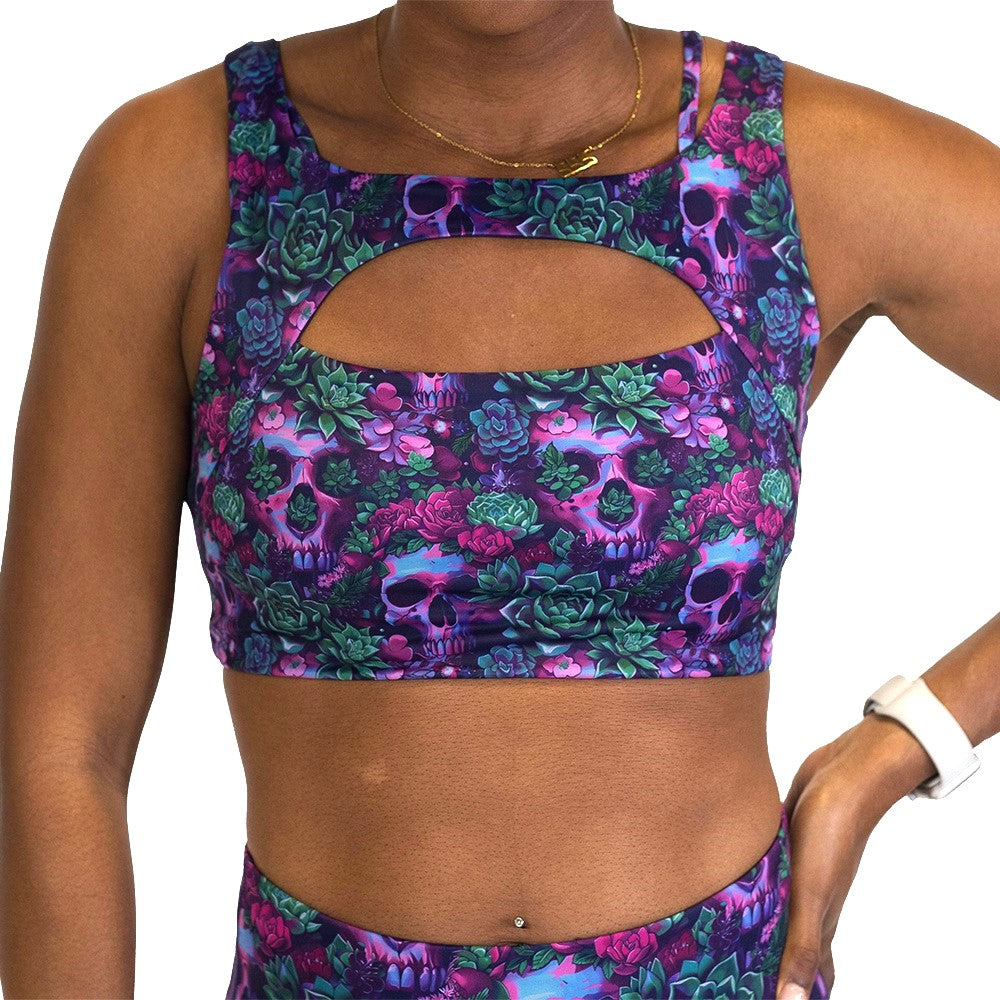 Floral and skull patterned sports bra