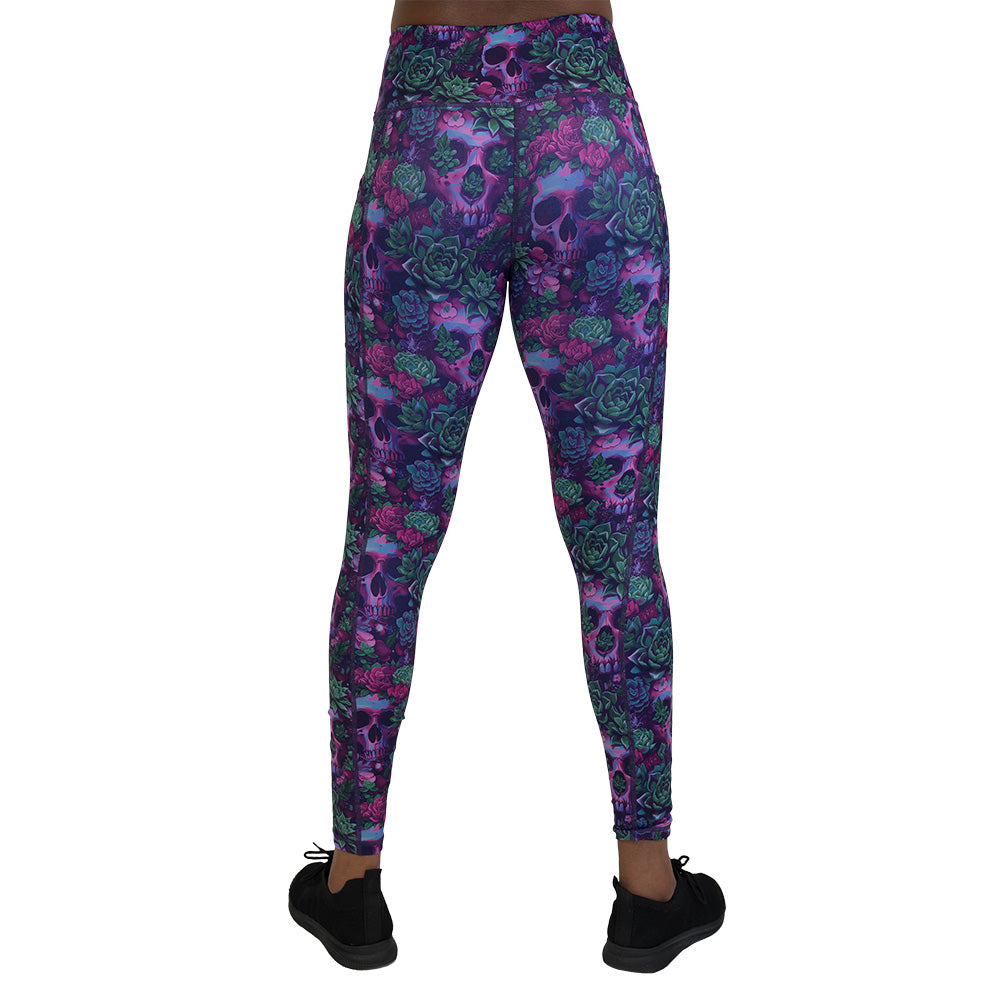 back of the Floral and skull patterned leggings