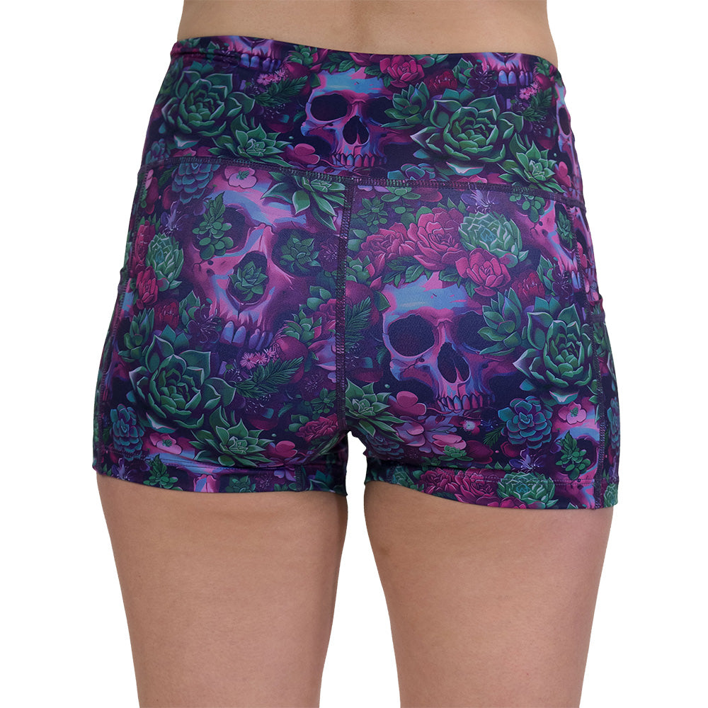 back of the Floral and skull patterned shorts