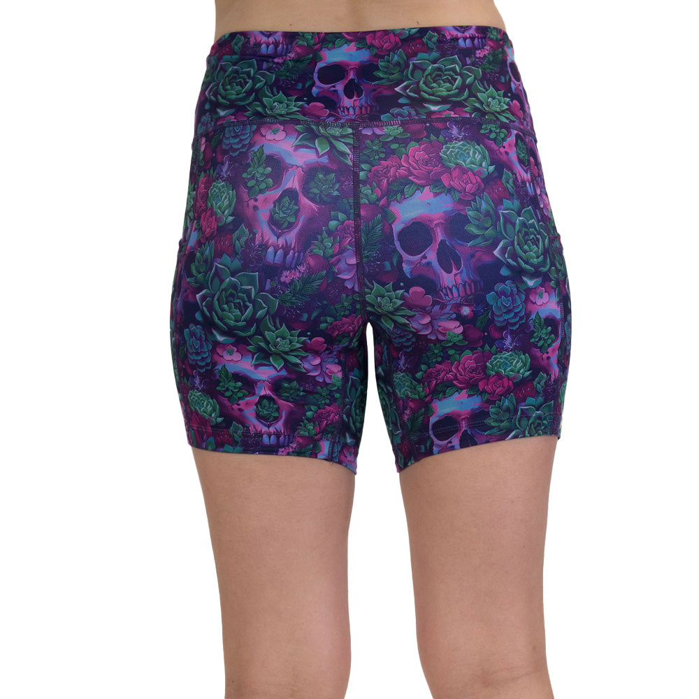 back of the Floral and skull patterned shorts