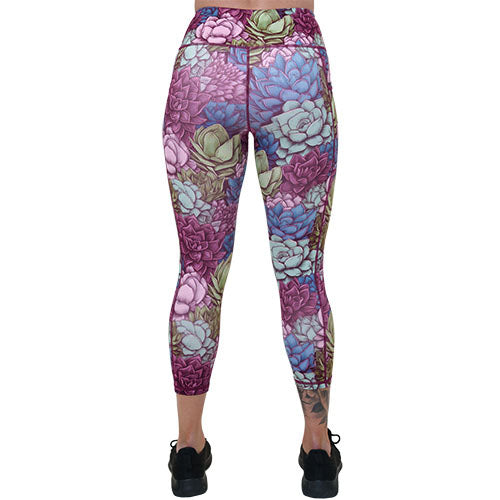 back of capri length colorful succulents leggings