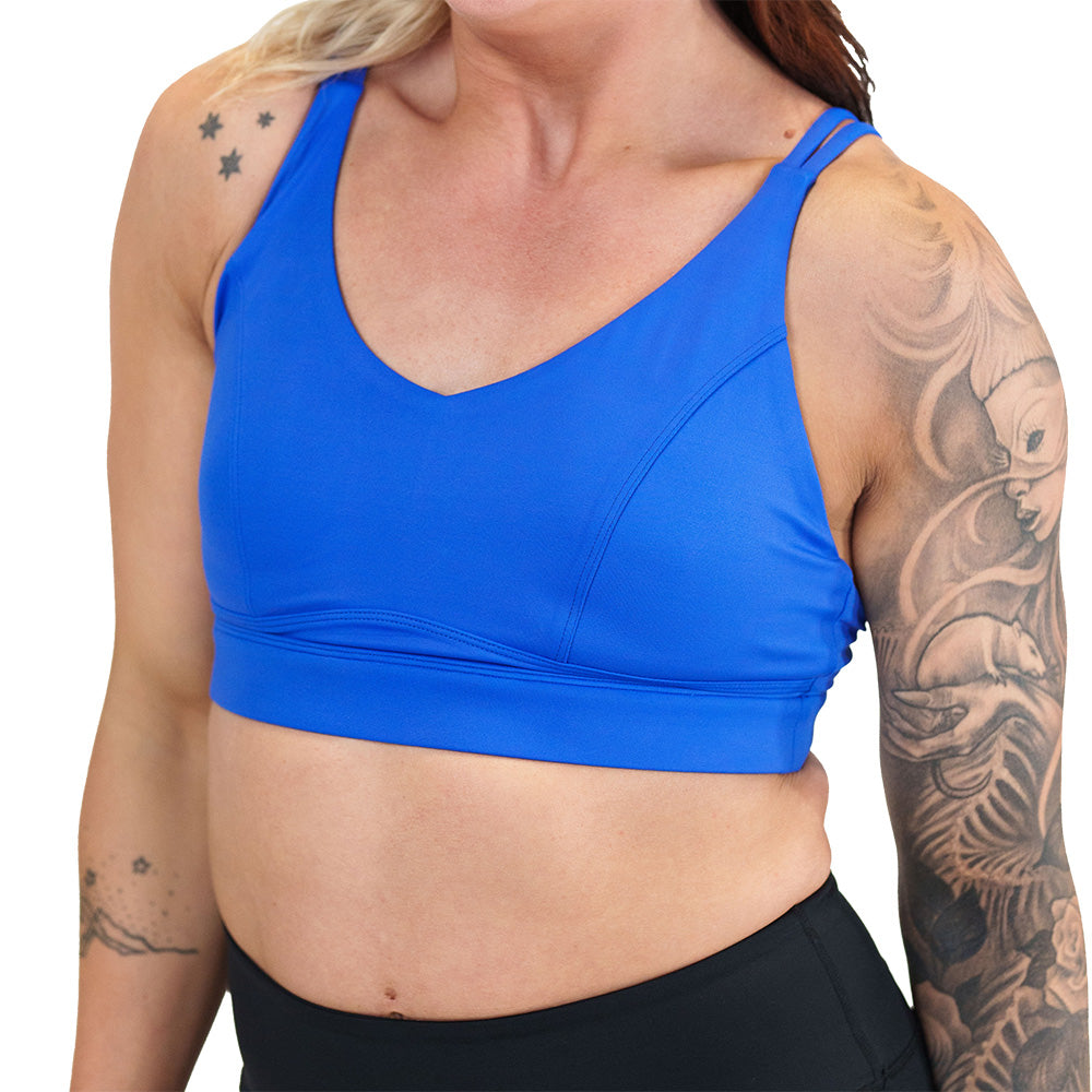 model wearing a Royal Blue sports bra