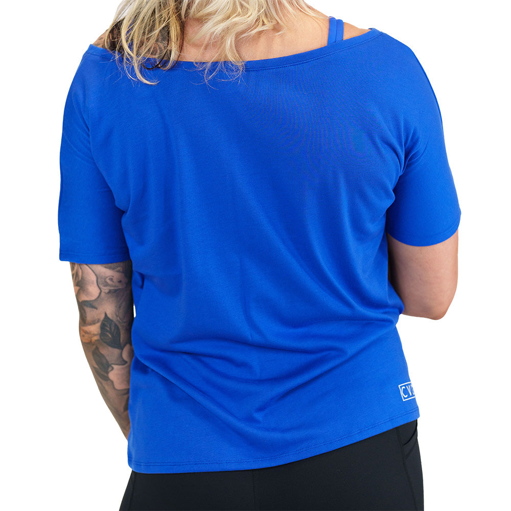 back of the royal blue slouchy tee