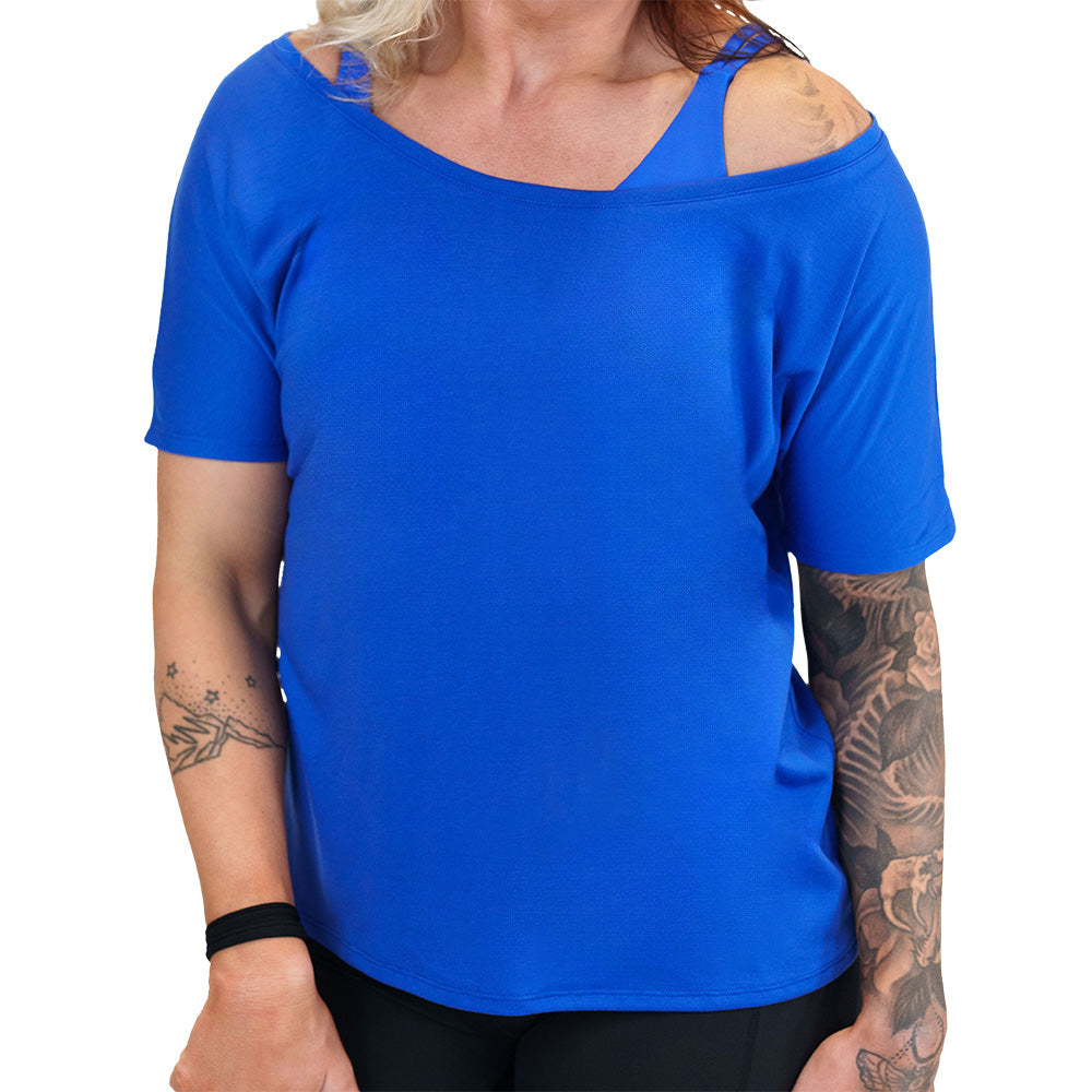 model wearing a royal blue slouchy tee