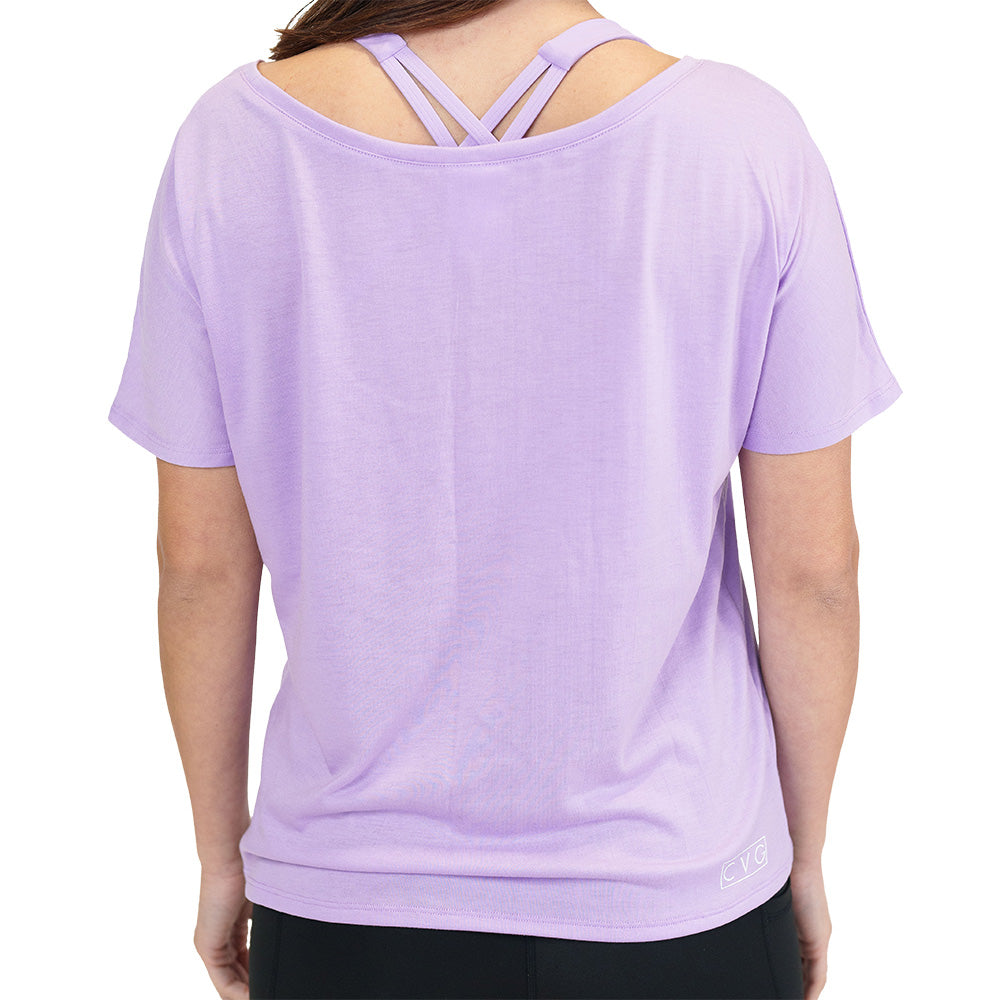 back of the light purple slouchy tee