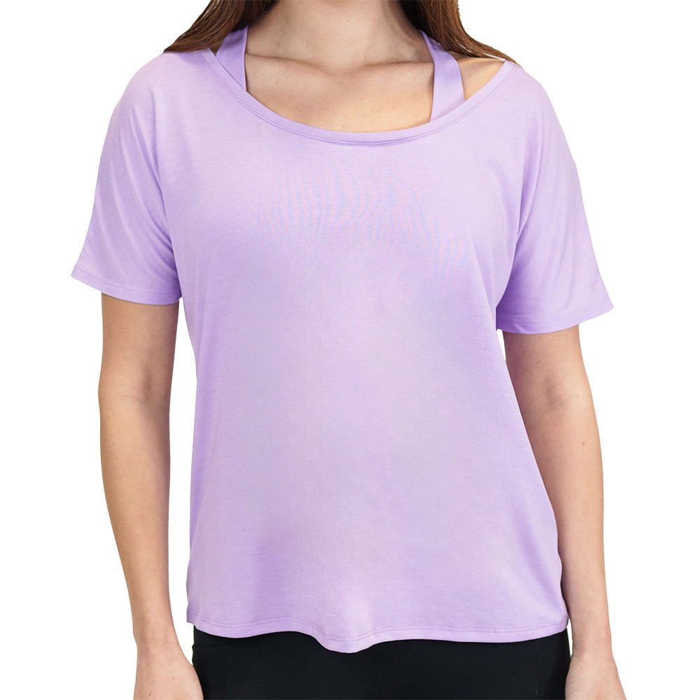 model wearing a light purple slouchy tee