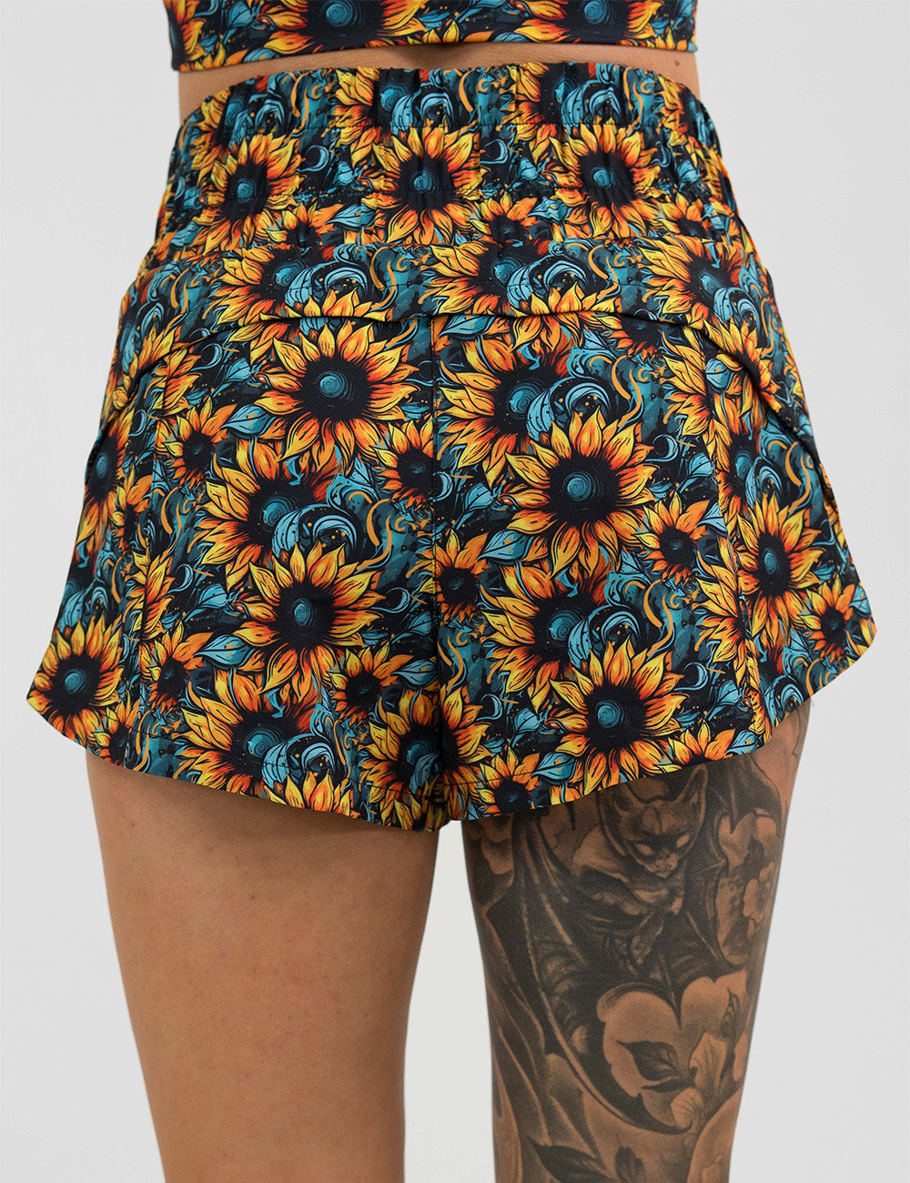 back of the 3.5 inch sunflower day dream shorts against a white background