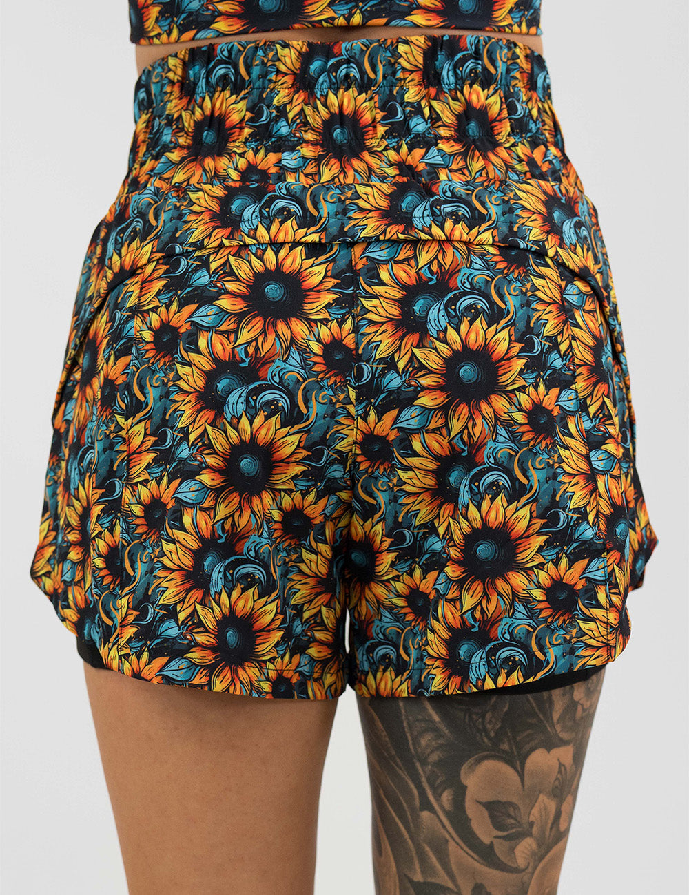 back of the 5.5 inch sunflower day dream shorts against a white background