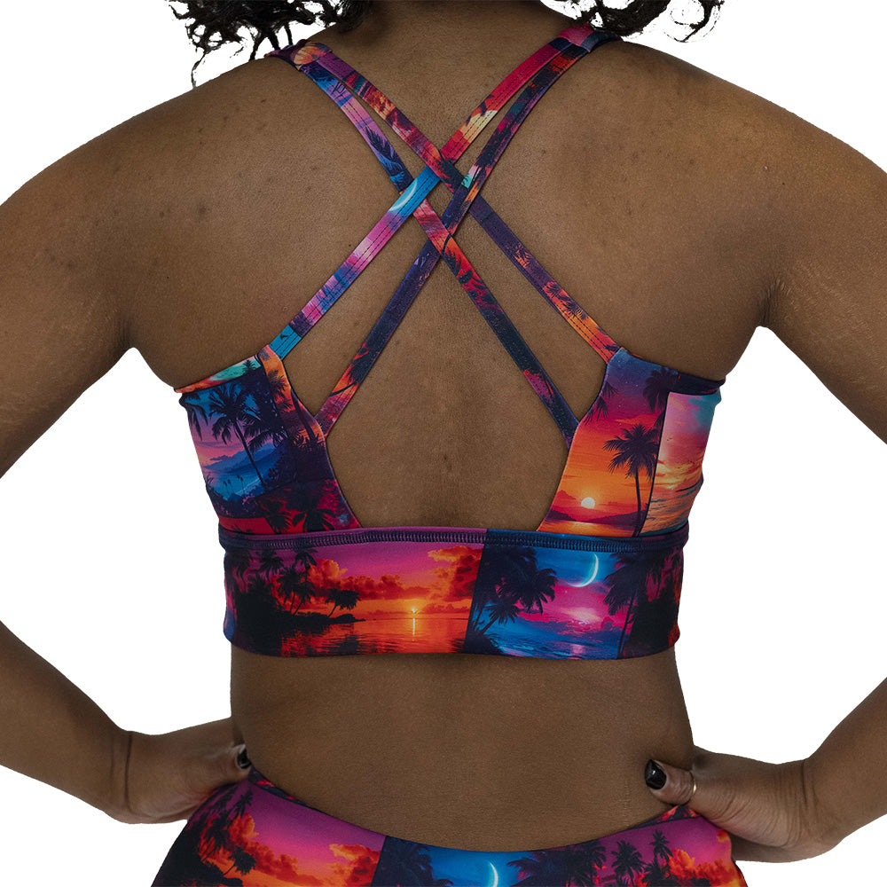 back of the sunset patterned sports bra