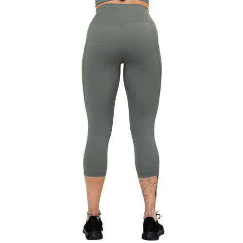back of capri length sage green leggings