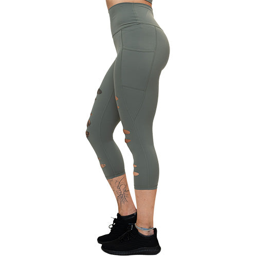 capri length ripped sage green leggings