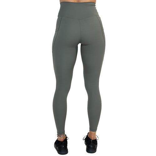 back of full length sage green leggings
