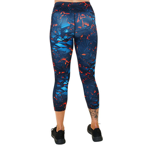 back of capri length lava themed leggings
