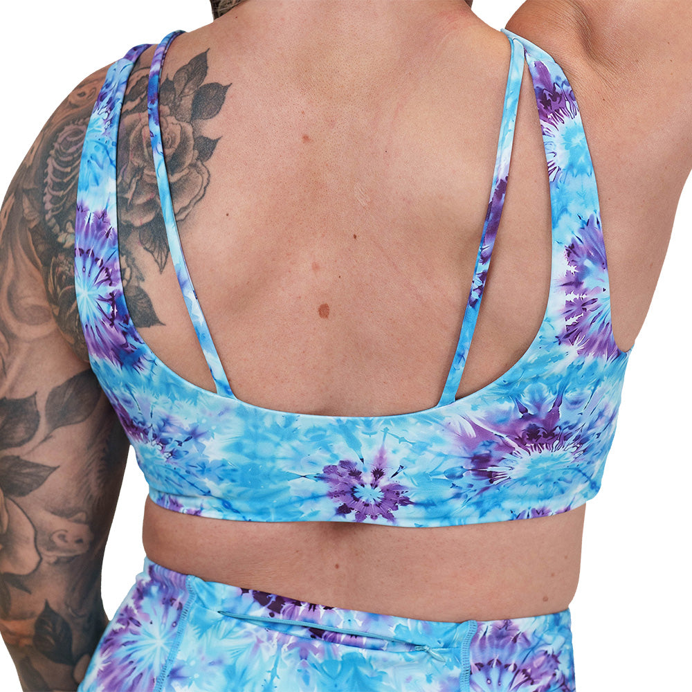 back of the blue and purple tie dye patterned bra