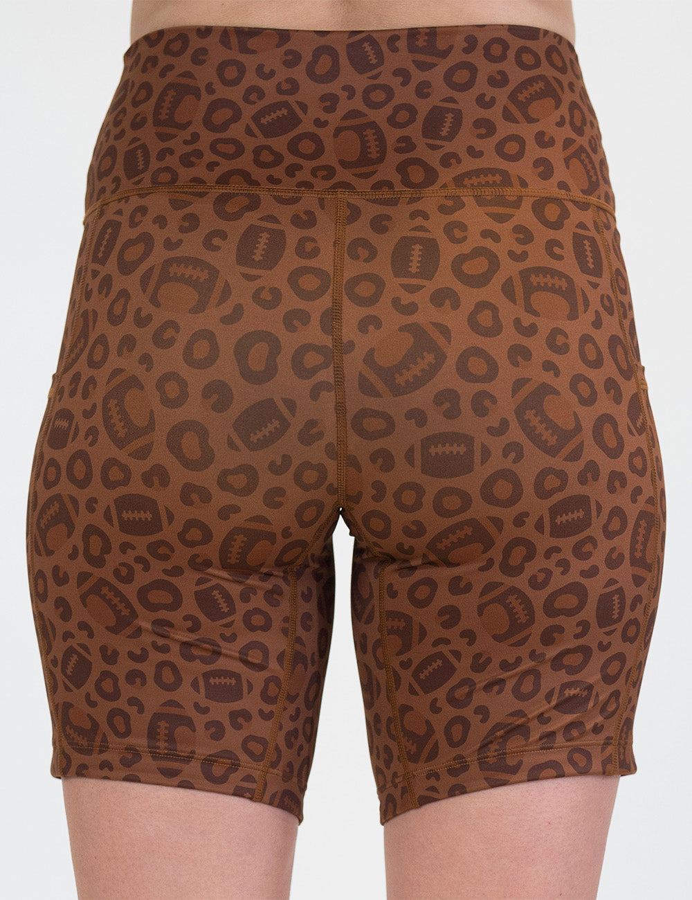 back of the football themed brown leopard print 7 inch shorts against a white background