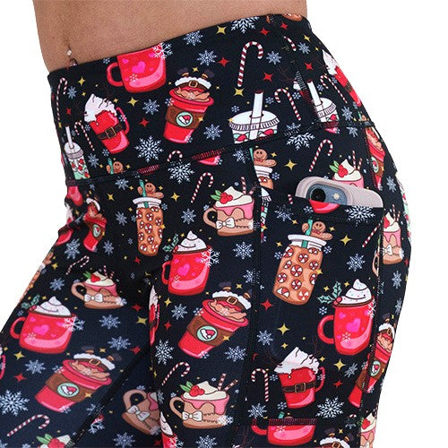 side pocket on the Christmas drinks patterned leggings