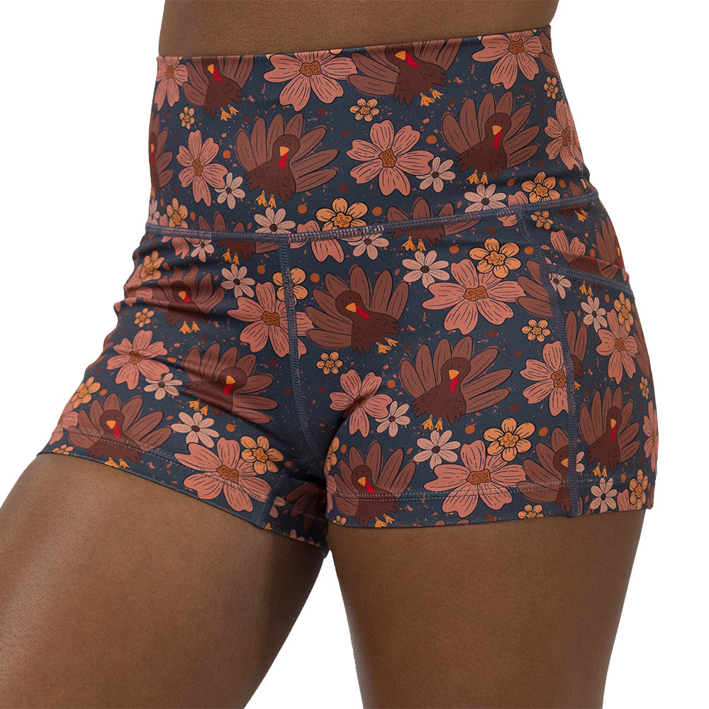 shorts with turkey and floral pattern