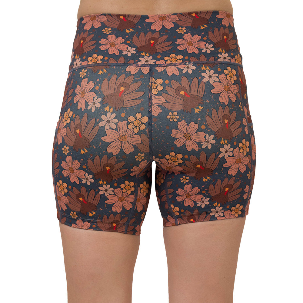 back of the shorts with turkey and floral pattern