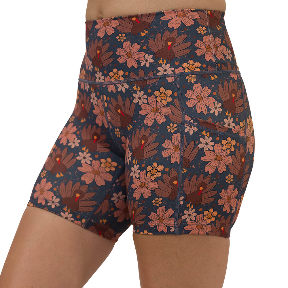 shorts with turkey and floral pattern