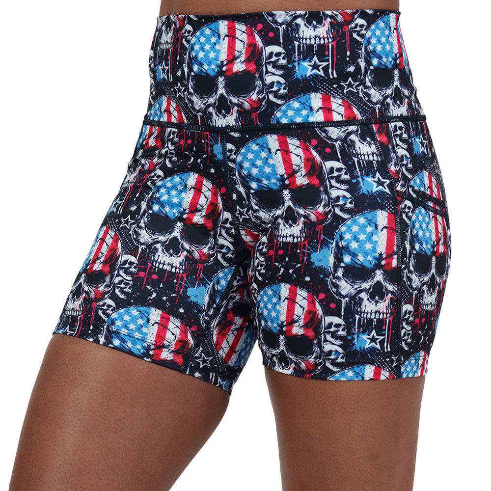 red, white and blue skull patterned shorts