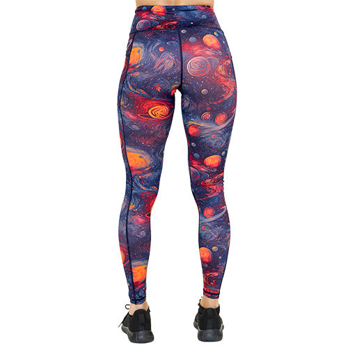 back of full length planet themed leggings