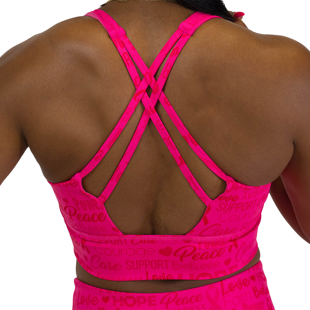 back of the pink bra with motivational text and breast cancer awareness ribbons