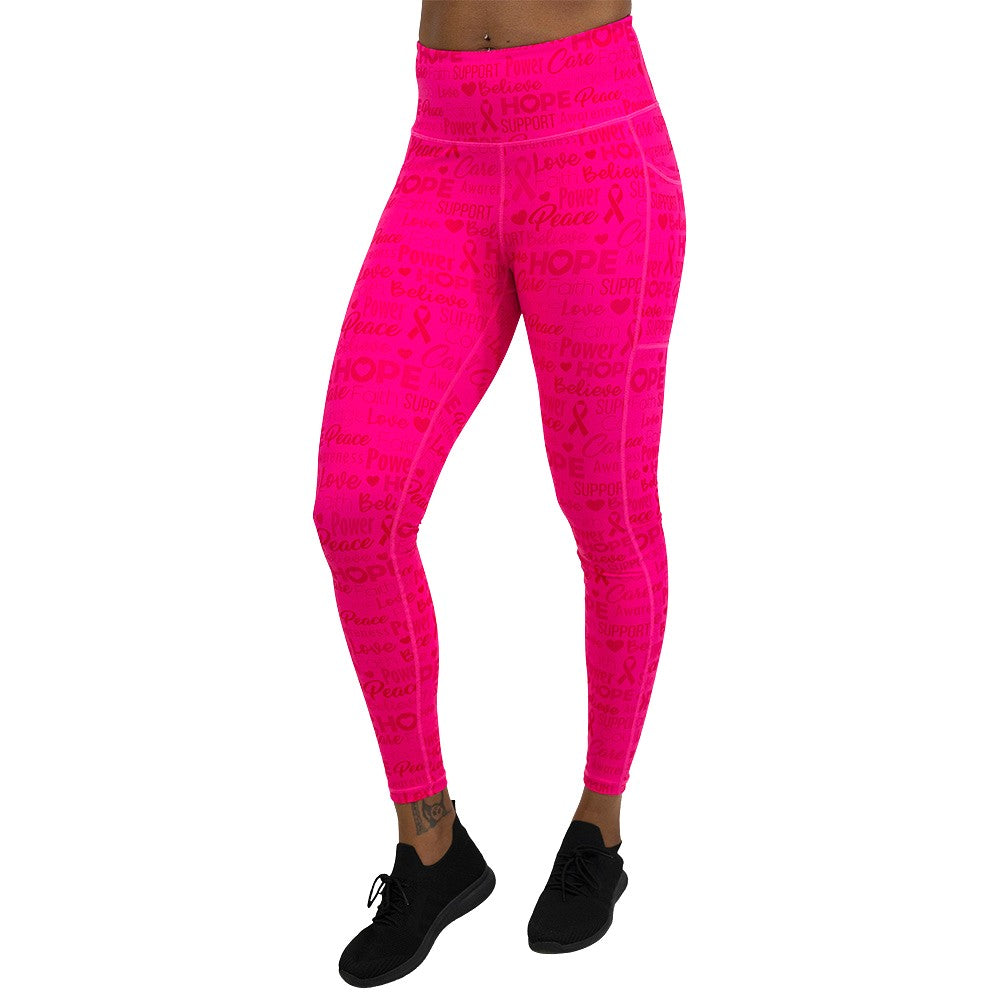 Pink leggings with motivational text and breast cancer awareness ribbons