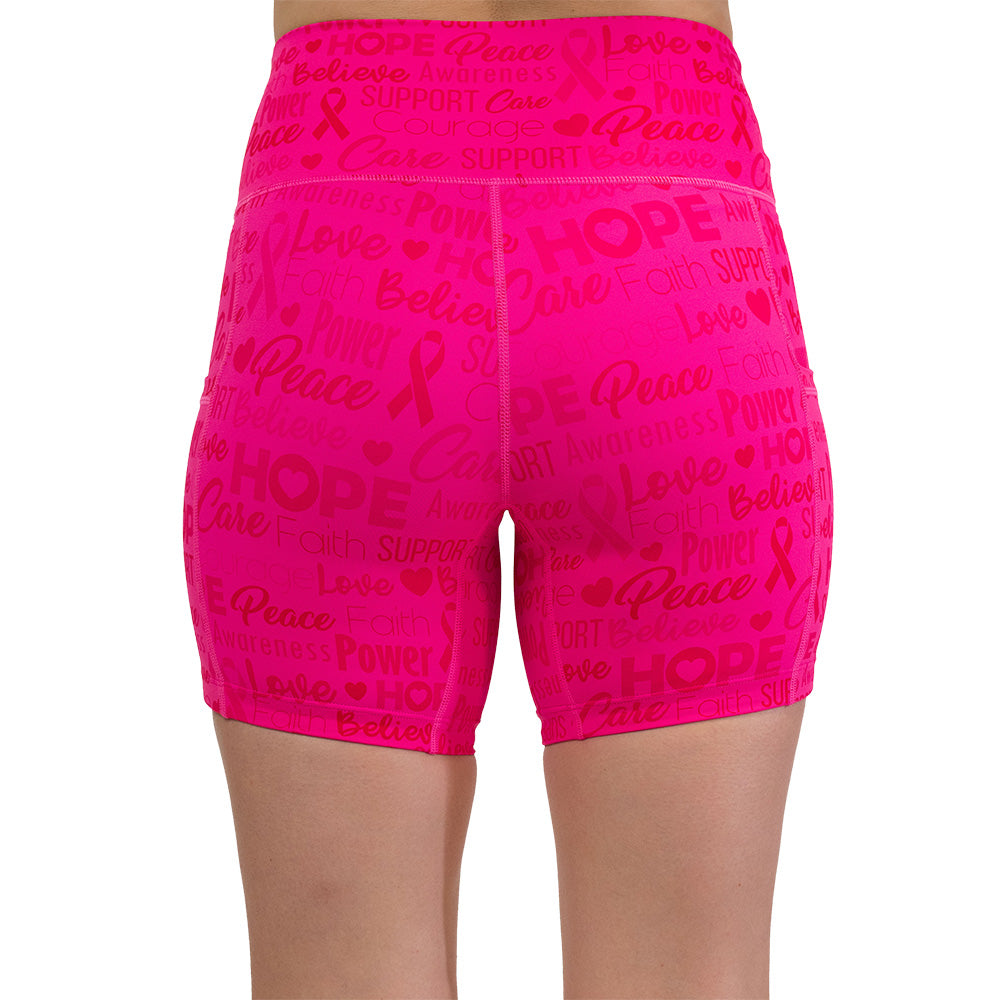 back of the Pink shorts with motivational text and breast cancer awareness ribbons