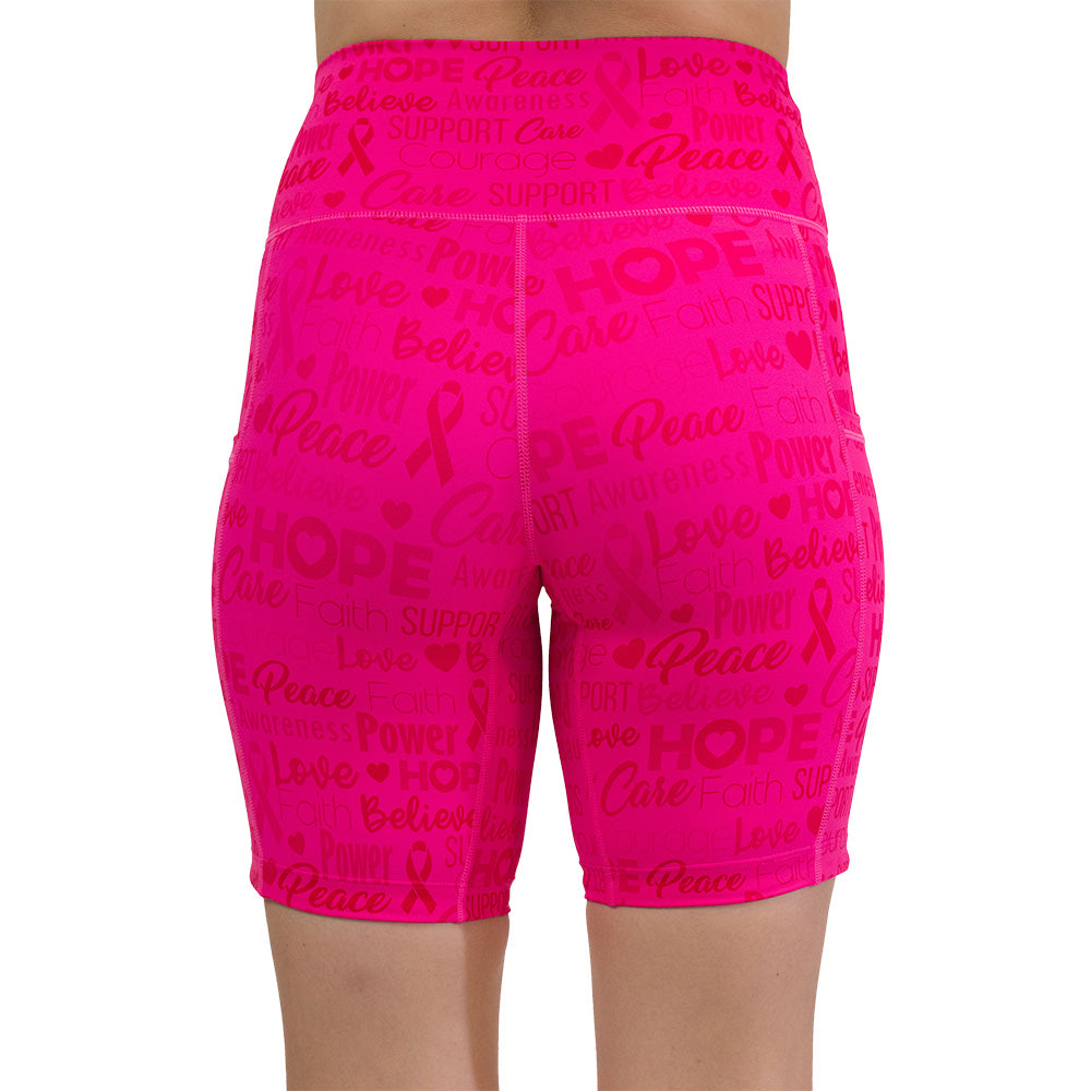 back of the Pink shorts with motivational text and breast cancer awareness ribbons
