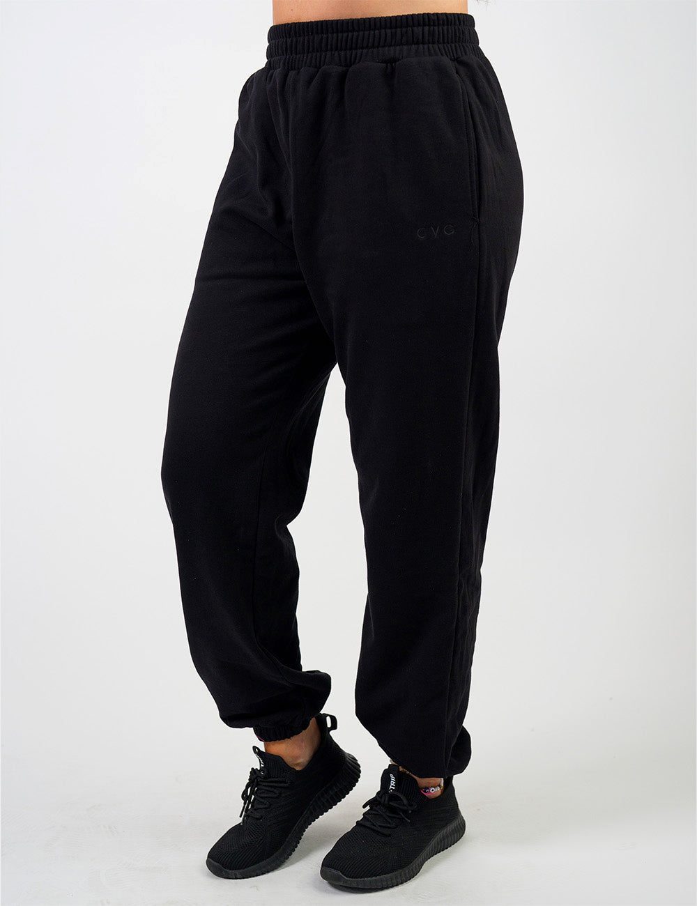 front of the black sweat pants with a subtle CVG logo