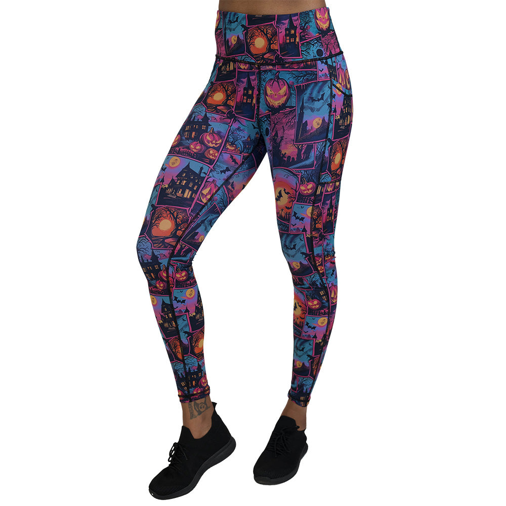 colorful Halloween-themed leggings with pumpkins, ghosts, and bats