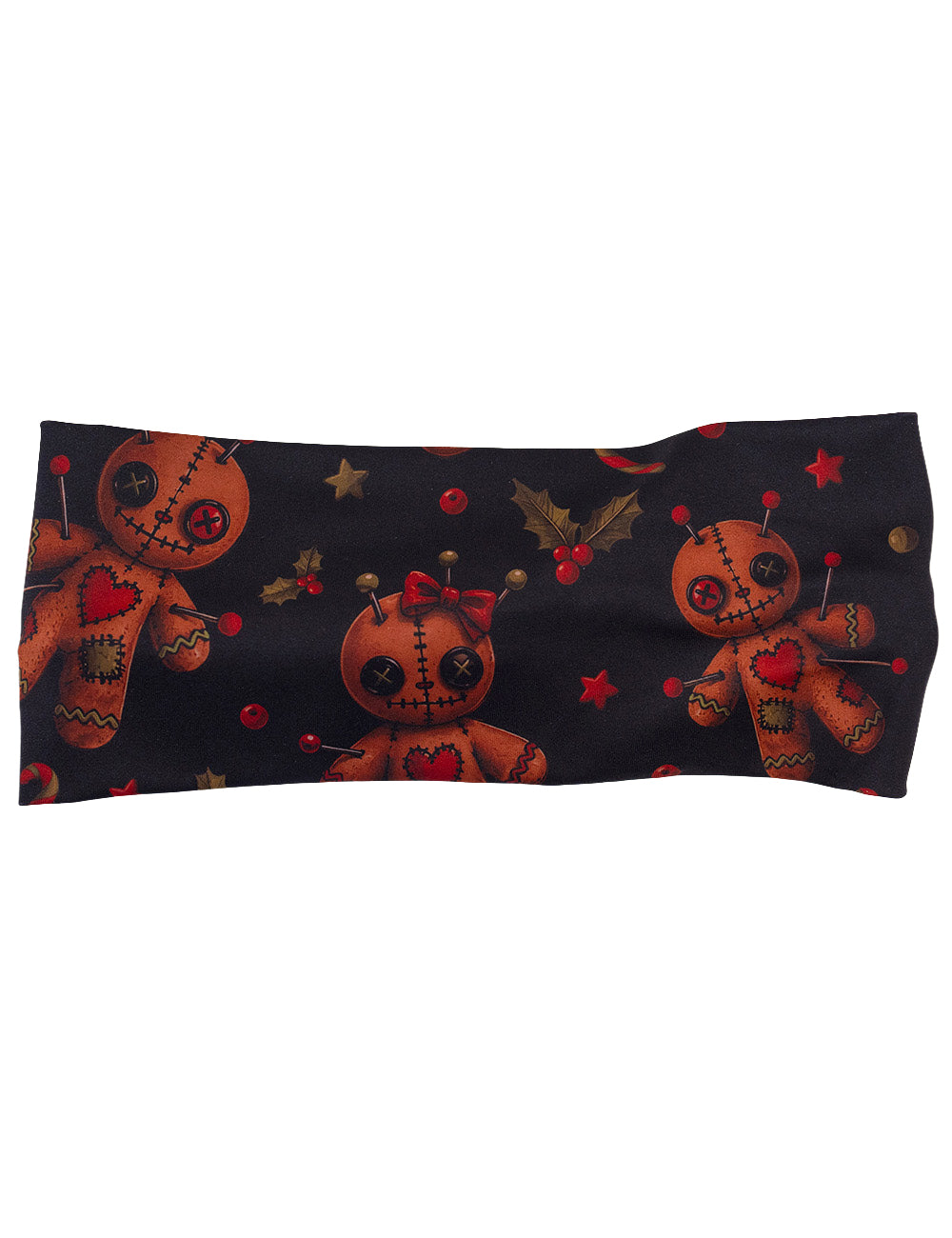 front of the gingerbread voodoo dolls with pins in them surrounded by berries and stars on a black background headband